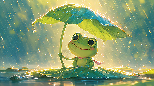 雨中坐在荷叶上撑着小叶子伞的小青蛙图片