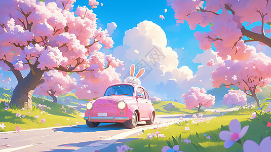 粉色小车中的可爱的卡通小白兔行驶在开满花朵的乡间小路上图片