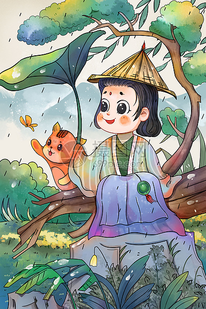 谷雨节气水墨风给小动物挡雨的小女孩国潮插画图片