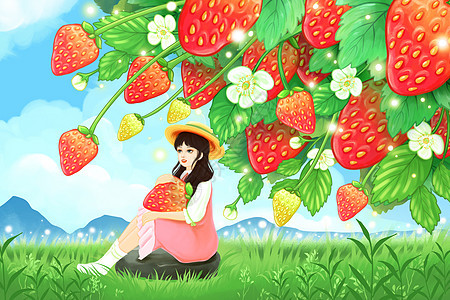 手绘治愈系夏季草莓少女场景插画背景图片