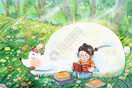 手绘水彩世界读书日之女孩看书熊睡觉治愈插画图片素材