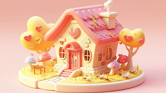 粉色屋顶蘑菇主题立体可爱的卡通小房子图片
