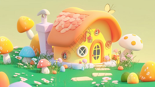草地上一个蘑菇主题可爱的立体卡通小房子高清图片