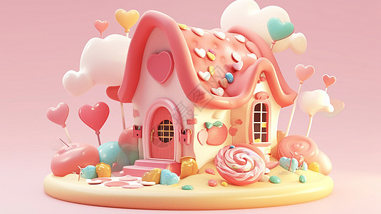 粉色糖果主题立体可爱的卡通小房子图片
