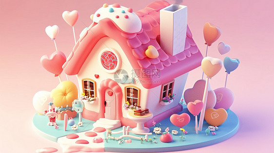 立体粉色糖果主题可爱的卡通小房子图片