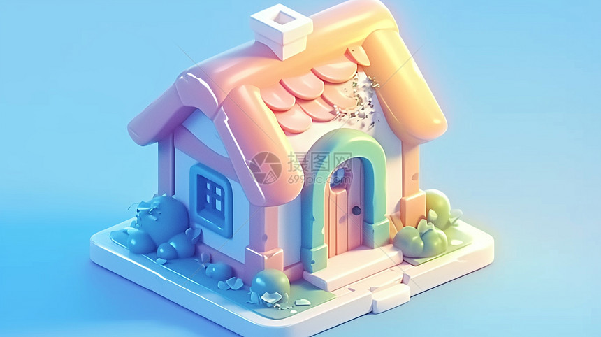 梦幻蓝色背景立体简约可爱的卡通小房子图片