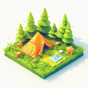 森林中驻扎着一个黄色卡通小帐篷图片