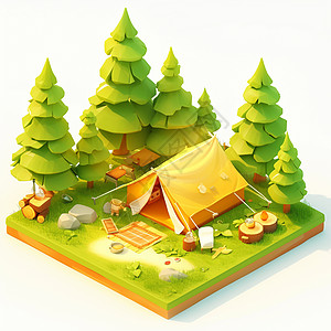 森林中驻扎着一个黄色卡通立体小帐篷高清图片