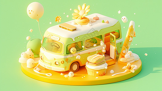 蛋糕图片盘子中立体可爱的卡通露营车插画