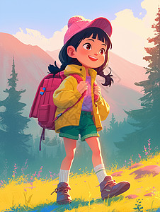 穿着黄色外套背着包开心徒步的卡通小女孩图片