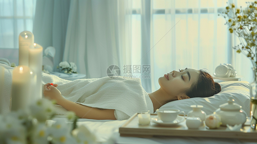 躺在床上安静休息的女人图片