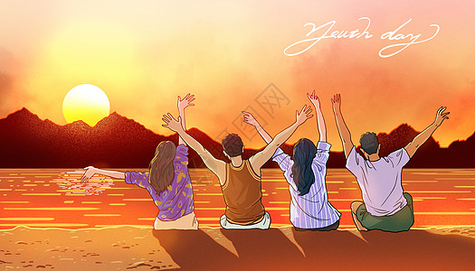 航拍沙滩五四青年节一群坐在海边的青年看夕阳插画