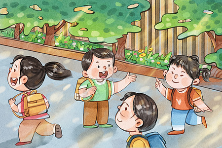 儿童手绘水彩校园中陆陆续续上学的学生场景插画插画
