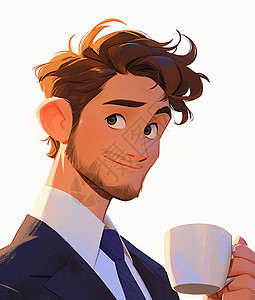 白色背景端着咖啡杯优雅喝咖啡的卡通职业男人图片