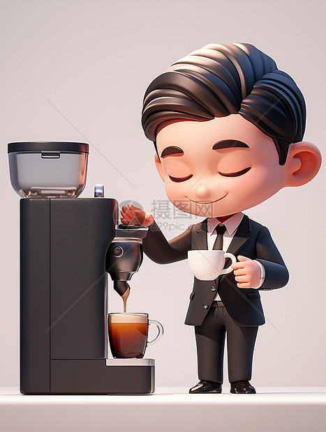 在咖啡机旁打咖啡的卡通男人图片