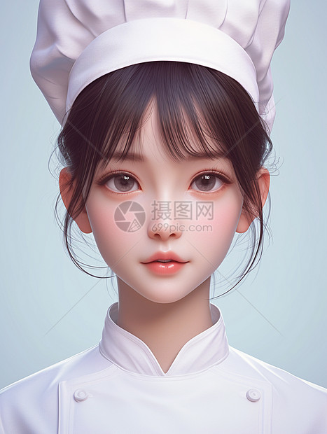 白色背景戴着厨师帽子的卡通女青年图片
