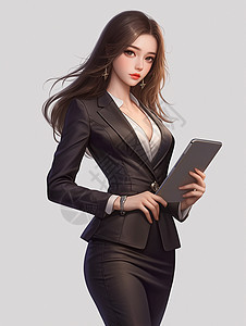 灰色背景穿着黑色西装手拿着ipad职业卡通女人图片