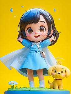 黄色背景穿着蓝色斗篷双手举起的可爱卡通小女孩图片