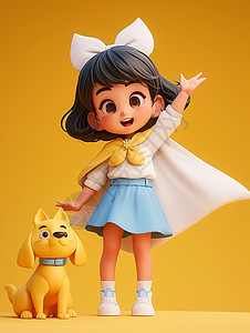 黄色的小狗站在穿着斗篷双手举起的可爱卡通小女孩高清图片