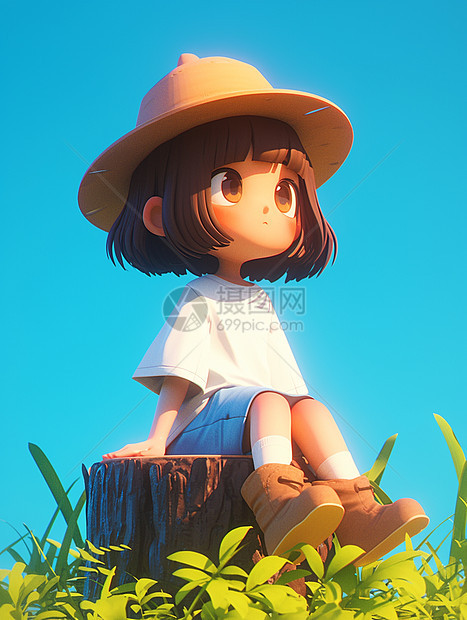 蓝色背景坐在树墩上休息戴着帽子的卡通小女孩图片