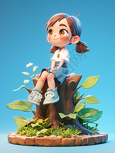 蓝色背景微笑坐在树墩上的可爱卡通小女孩高清图片