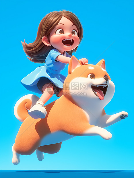 蓝色背景骑着大黄狗开心奔跑的可爱卡通小女孩图片