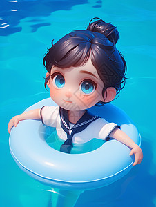 水里在蓝色游泳圈里可爱的小女孩图片