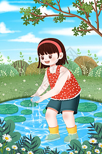 夏天河里玩水的女孩高清图片