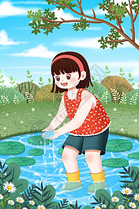 夏天河里玩水的女孩图片