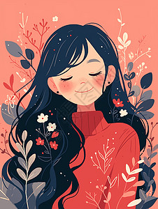 粉色背景穿着红色上衣在花丛中面带微笑的卡通女孩图片