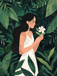 在花丛中的卡通女孩手拿着小花穿着白色连衣裙图片