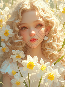 在白色花丛中梦幻漂亮的卷发女孩图片