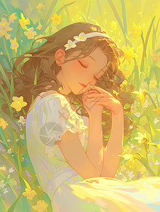 黄色花丛中梦幻漂亮的小清新卡通女孩图片
