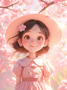 戴着粉色花朵帽子面带微笑的可爱小女孩高清图片