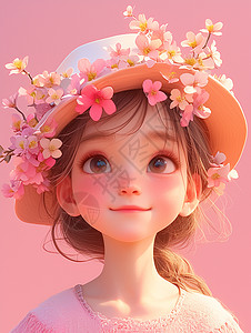 戴着粉色花朵帽子面带微笑的小女孩图片