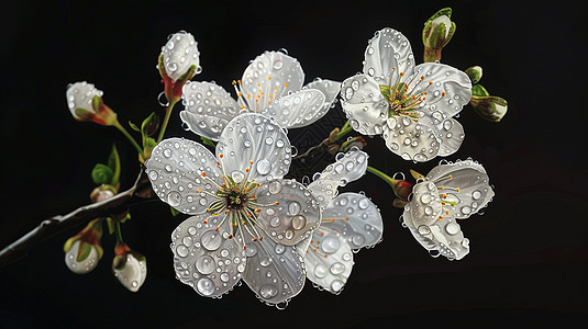 黑色背景的满是雨滴盛开的梨花图片