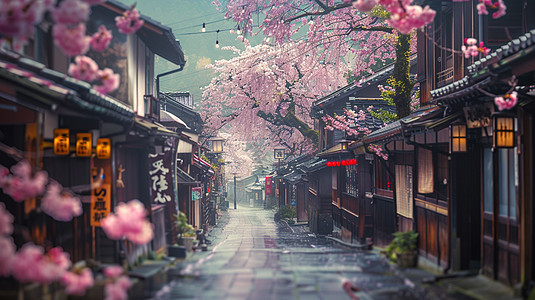 开满粉色花朵梦幻的美丽古街图片