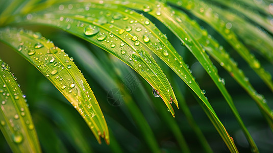 雨后落满水珠的绿色叶子图片