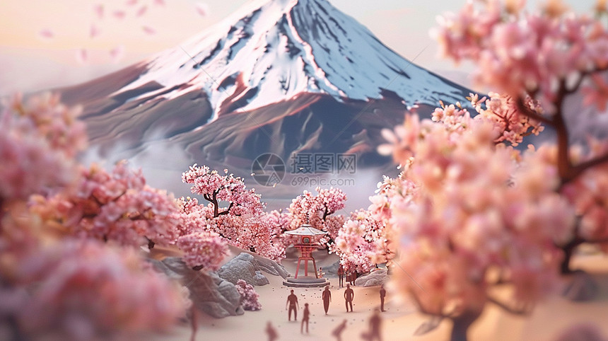 雪山下漫山遍野开满粉色花朵的小树图片