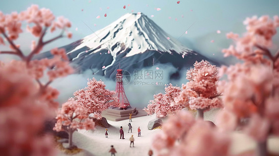 高高的雪山下开满粉色花朵的小树图片