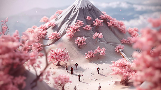 雪山下漫山遍野开满粉色的小树图片