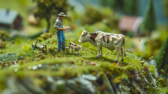春天草地在牧场上喂奶牛的农夫卡通微缩场景图片