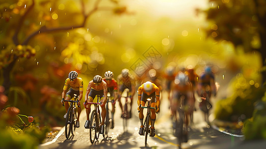 一群骑手在森林中小路上骑自行车图片