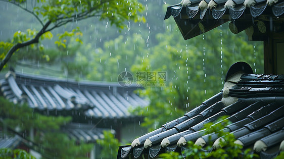 大雨中美丽的古风卡通建筑图片