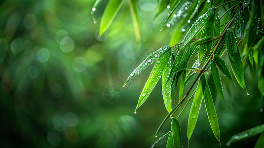 竹子露珠春天雨中绿色调竹林风景插画