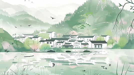 春暖花开白墙黑瓦美丽的卡通小山村图片