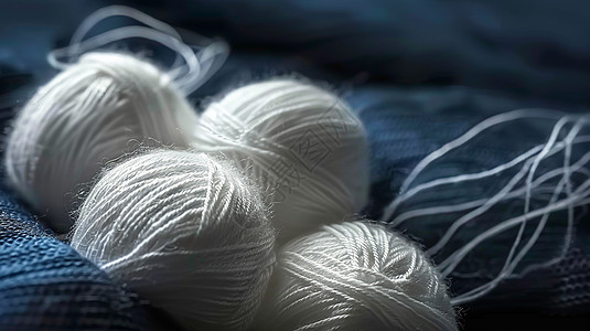 羊毛面料几团白色毛线团放在蓝布插画