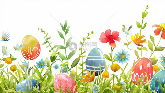 花丛中藏着彩色的蛋水彩风插画图片