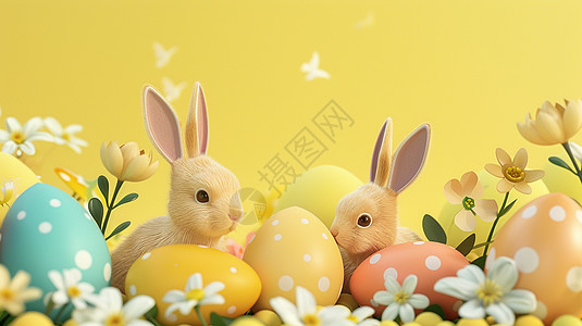复活节两只可爱的卡通小兔子在彩色蛋旁图片