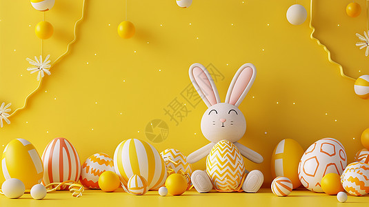 复活节两只可爱的卡通小兔子在彩蛋旁图片